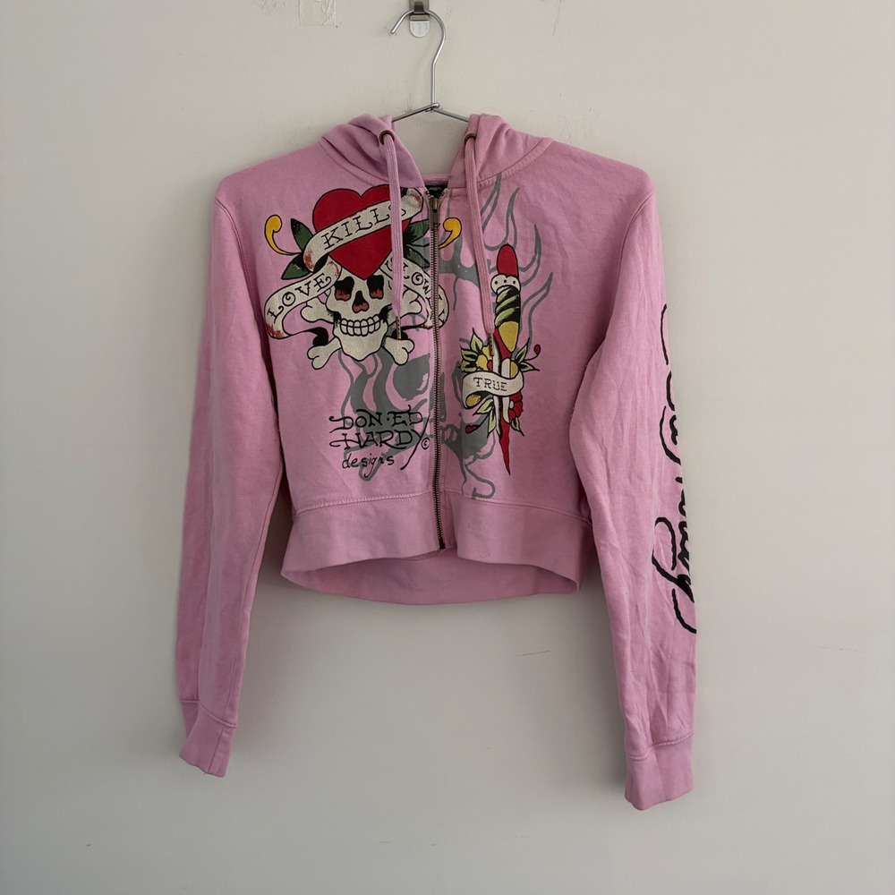 Ed Hardy Pink Love Kills Slowly Tiger Graphic Cropped Zip Hoodie Large